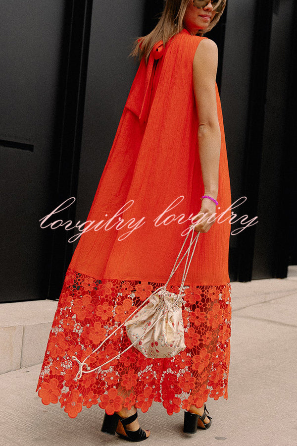 Breezy Comfort Tie-up Neck Sleeveless Floral Lace Hem Maxi Dress