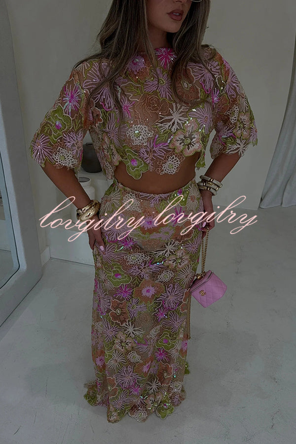 Fashionable Embroidered Flower Sequined Crop Top and Elegant Sheer Maxi Skirt Set