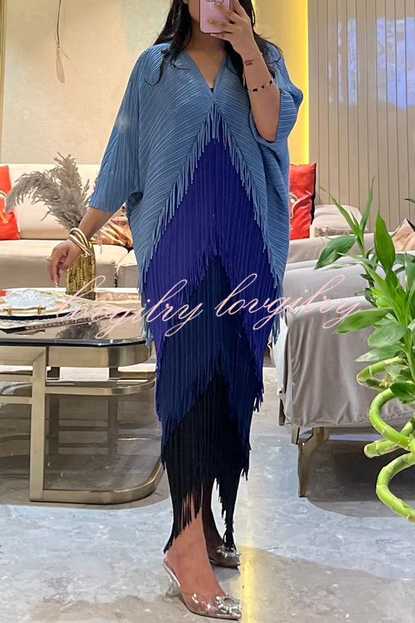 Fashionable Color-blocked Multi-layered Tassel Loose Midi Dress