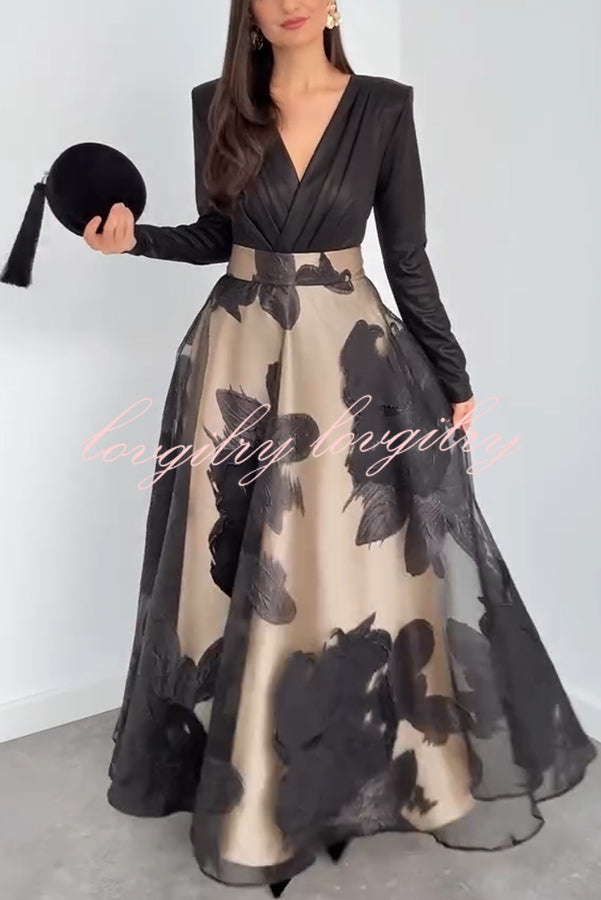 Chic Celebration Tulle Floral Pattern Jacquard High Rise Flared Maxi Skirt