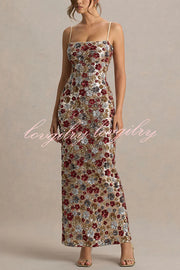 The Center of Attention Floral Print Sequin Square Neck Slip Stretch Maxi Dress