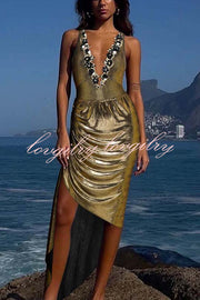 Solid Color Shiny Fabric Deep V Metal Embellished Stretch One-piece Swimsuit