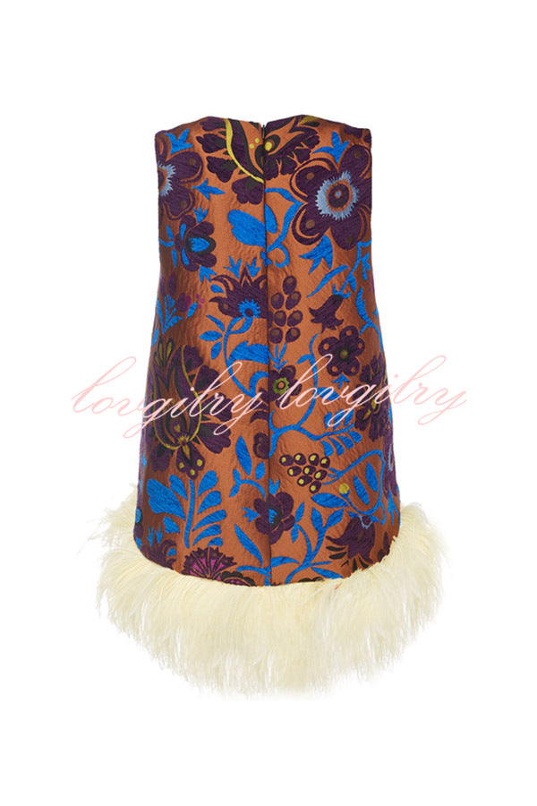 Emina Floral Feather Trim Trapezoidal Silhouette Asymmetrical Hem Top