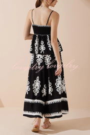 Unique Ethnic Print Suspender Pleated Top and Elastic Waist Loose Wide-leg Pants Set