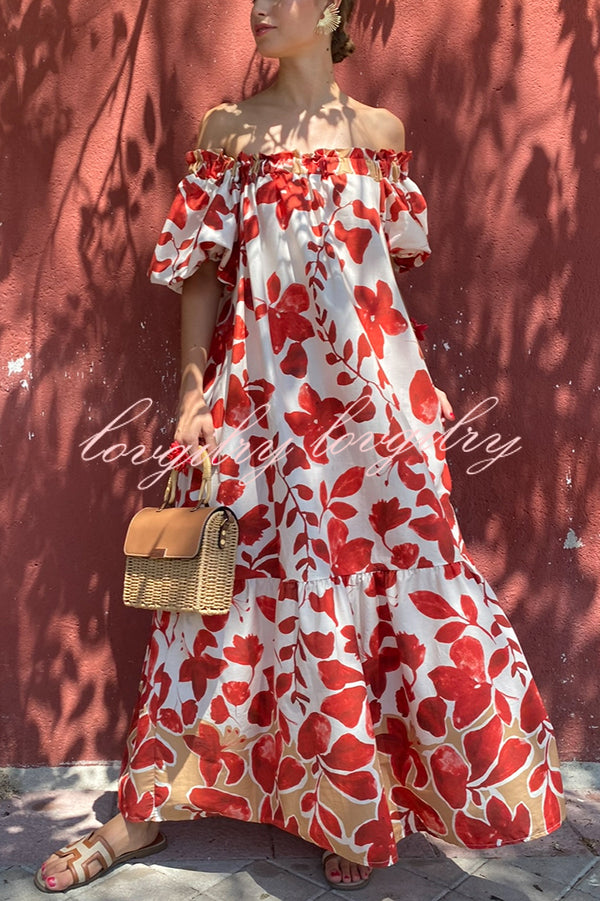 Floral Print Off-The-Shoulder Puff Sleeve Loose Holiday Maxi Dress