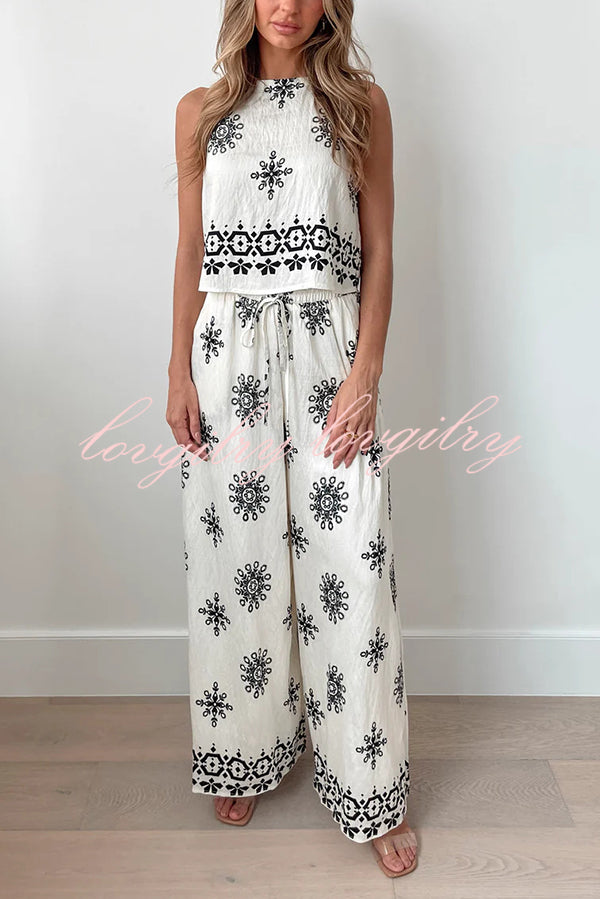 Unique Printed Round Neck Sleeveless Button Top and Elastic Waist Pocket Wide Leg Pants Set