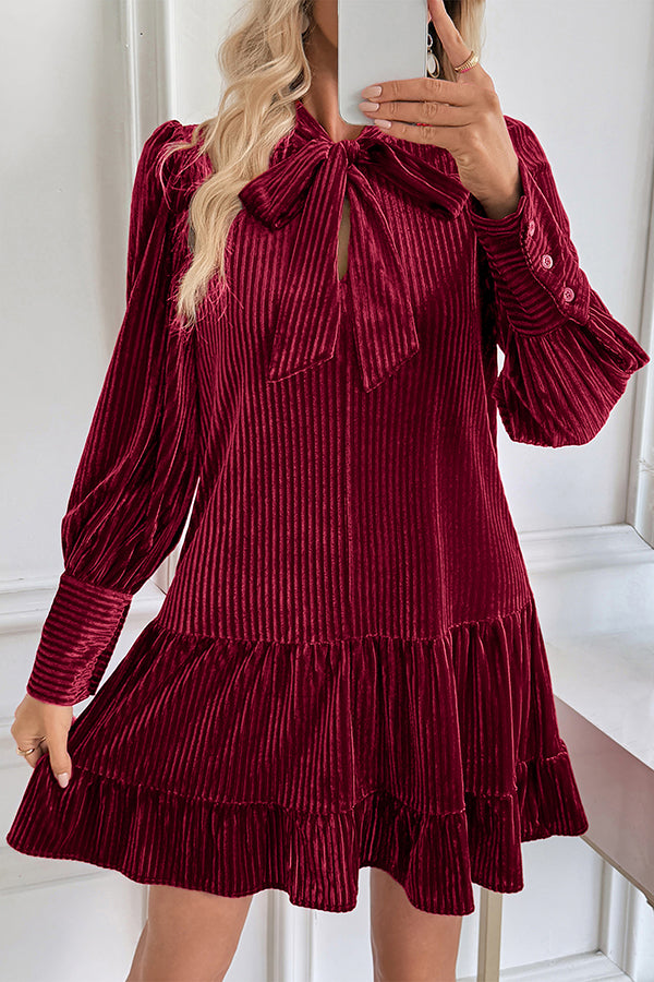 Vintage Velvet Bow Tie Neck Long Sleeve Loose Mini Dress