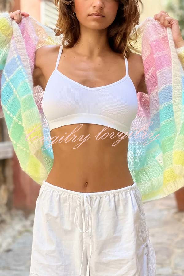 Palette Day Knit Color Blocks Open Front Balloon Sleeve Loose Cardigan