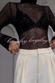 Shimmering Twilight Sequin Turtleneck Long Slit Sleeve H-line Blouse