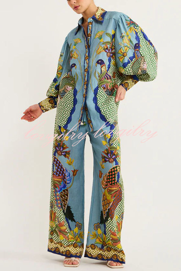 Sun Seeking Unique Heaven Bird Print Balloon Sleeve Button Loose Shirt