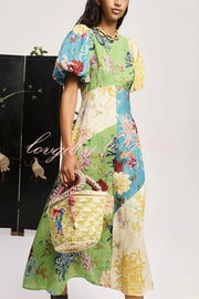 Floral Print Round Neck Puff Sleeve Casual Midi Dress