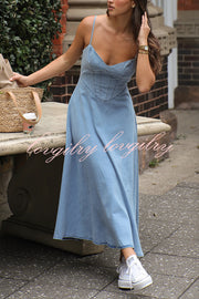 Solid Color Sleeveless Suspender Pleated Back Faux Denim Midi Dress