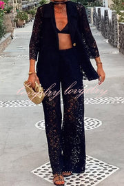 Seaside Nocturne Lace High Rise Elastic Waist Wide Leg Vacation Pants