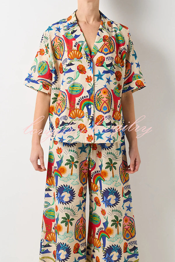 Linen Blend Unique Print Loose Short Sleeve Shirt and Elastic Waist Tie Pocket Pants Set