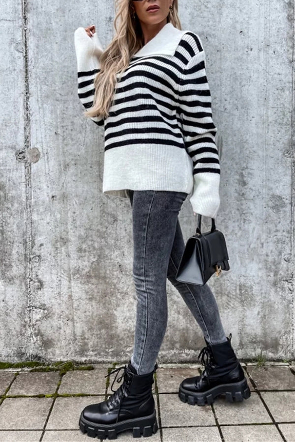 Irregular Lapel Contrast Striped Knitted Long Sleeved Sweater