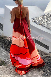 Vacay Happy Hour Print Halter Backless A-line Maxi Dress