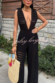 Solid Color Knitted V-neck Holiday Hollow Casual Jumpsuit