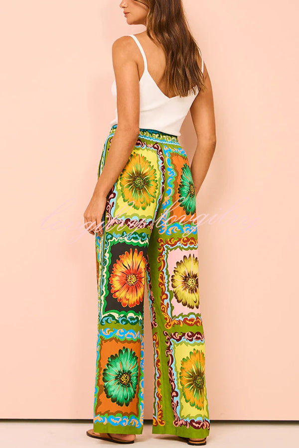 Disco Daisy Unique Printed Colorblock Elastic Waist Pocket Pants Set