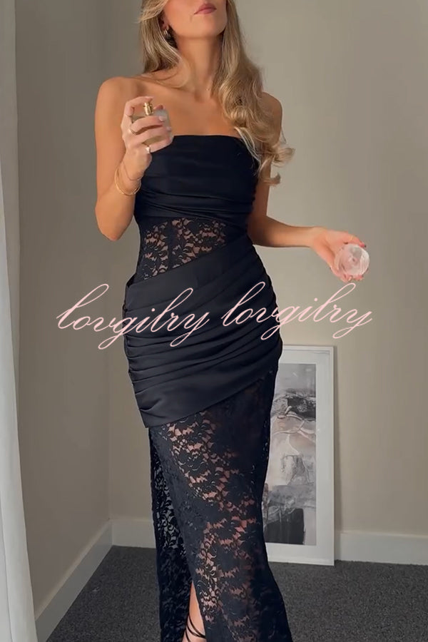 Dulcie Lace and Satin Patchwork Asymmetrical Pleats Bandeau Maxi Dress