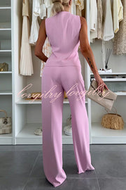 Workplace Chic Sleeveless Button Vest and Relaxed Pocket Wide Leg Pants Set