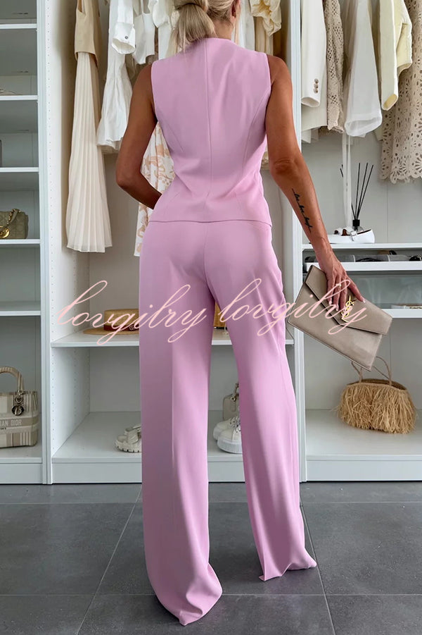Workplace Chic Sleeveless Button Vest and Relaxed Pocket Wide Leg Pants Set