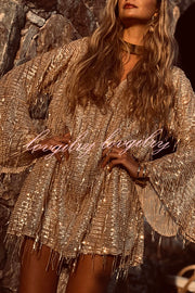 Flowing Shimmer Sequin Tassel Fabric Bell Sleeve Back Tie-up Loose Mini Dress