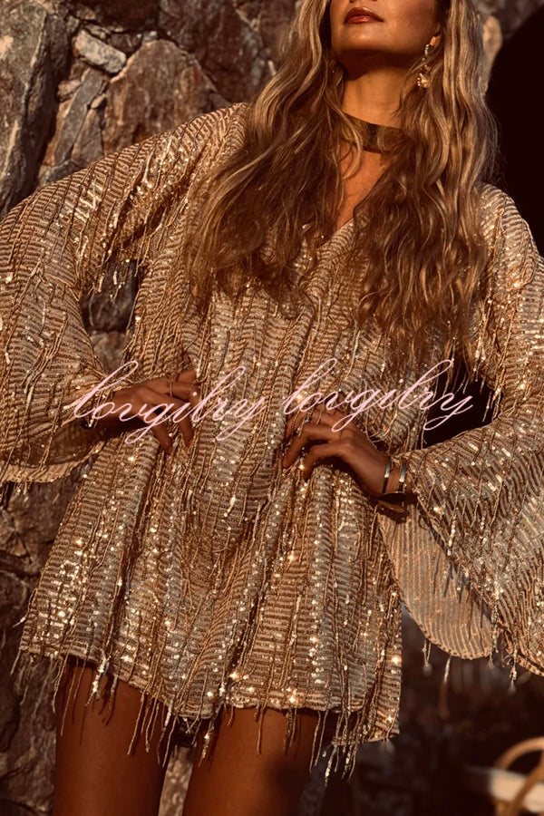Flowing Shimmer Sequin Tassel Fabric Bell Sleeve Back Tie-up Loose Mini Dress