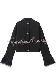 Solid Color Elegant Feather Long Sleeve Casual Knitted Cardigan