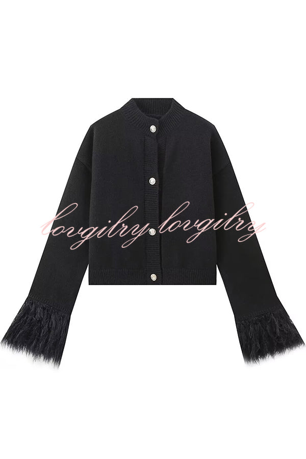 Solid Color Elegant Feather Long Sleeve Casual Knitted Cardigan
