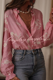 Floral Embroidery Long-Sleeved Button-Up Elegant Shirt