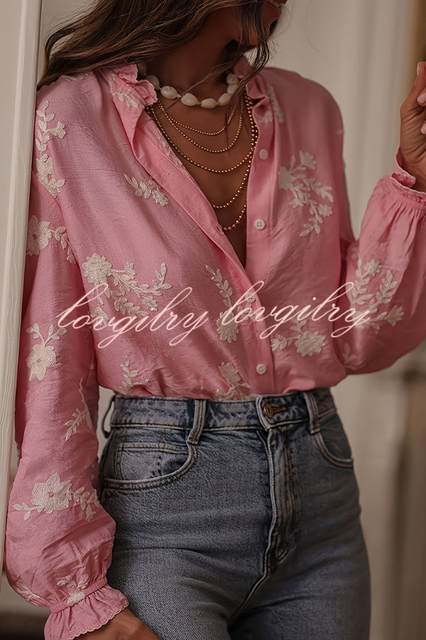 Floral Embroidery Long-Sleeved Button-Up Elegant Shirt