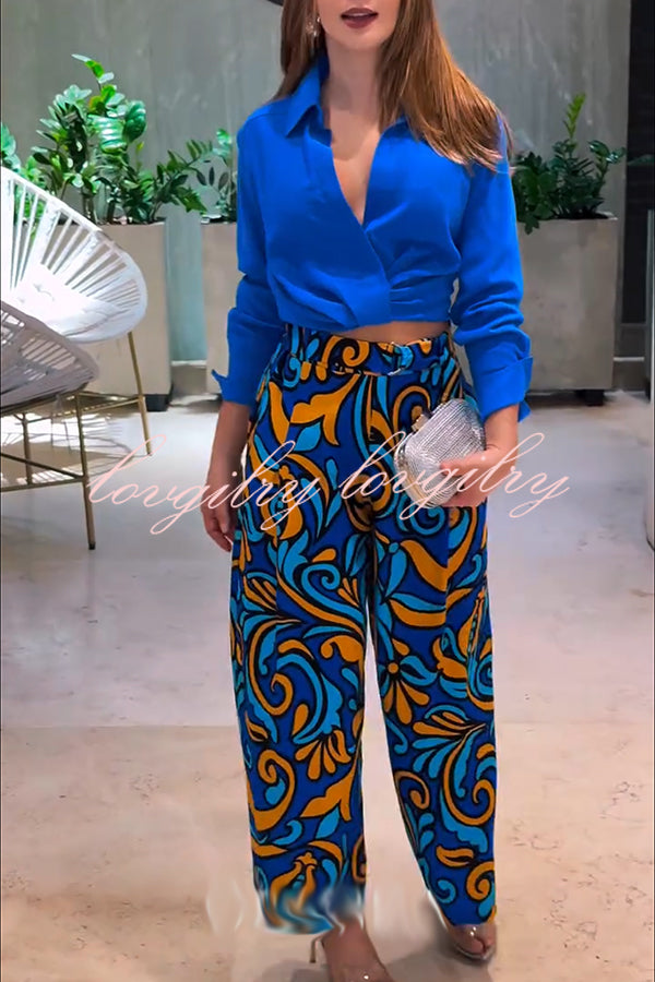 Ocean Heart Linen Blend Printed Ruched Hem Blouse and Belted High Rise Pocket Loose Pants Set