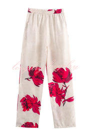 Special Attendance Satin Floral Print High Rise Elastic Waist Pocket Pants