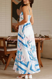 Botanical Print Halter Square Neck Pleated Loose Maxi Dress