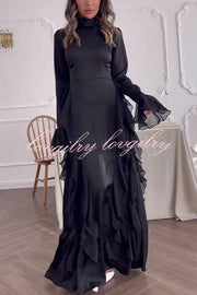 Cline Solid Color High Neck Long Sleeve Elegant Ruffles Maxi Dress