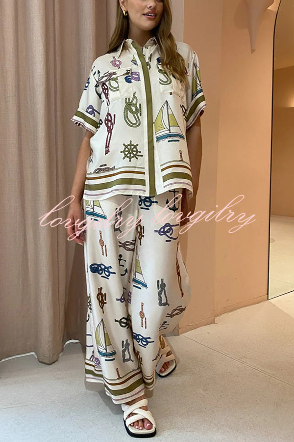 Sail Away Satin Unique Nautical Motifs Print Elastic Waist Pocketed Wide Leg Pants