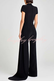Pippa High Neck Short Sleeve Irregular Drape Hem Top and Elastic Waist Flare Pants Set