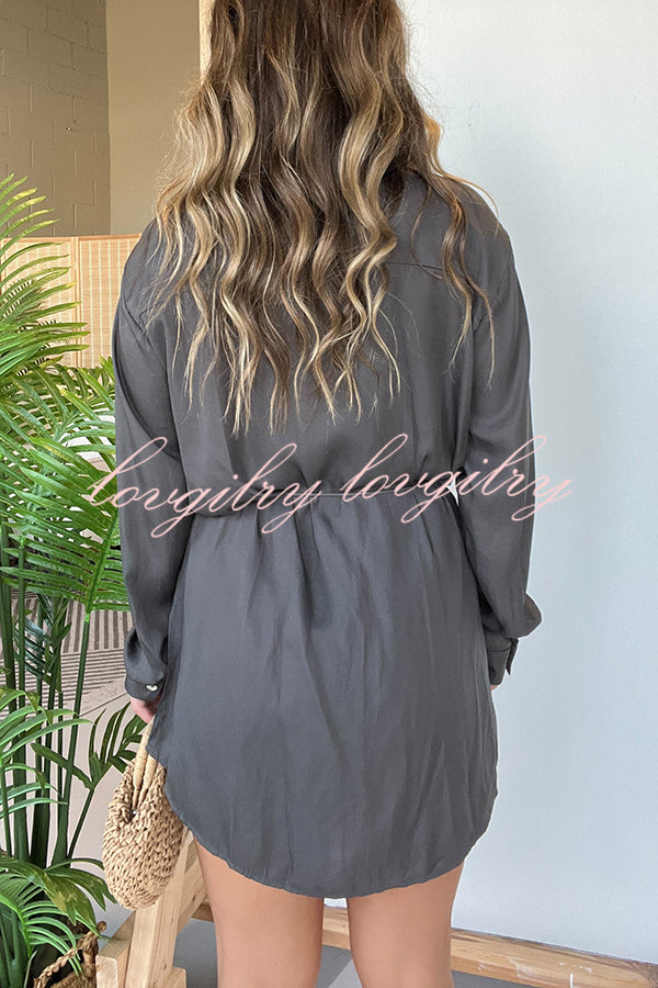 Solid Color Long Sleeve Button Casual Shirt-Style Rompers