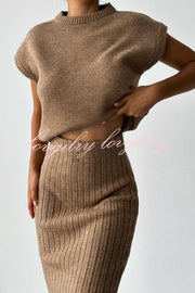 Triko Knit Short Sleeve Sweater and Stretch Ribbed Midi Skirt Set