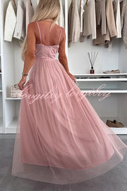 Solid Color Tulle Halter Back High Slit Maxi Dress