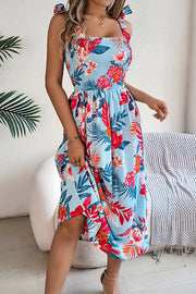 Plant Print Suspenders Pleated Holiday Beach Midi Dress