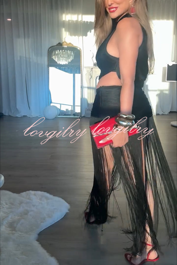 Dancing Miracle One Shoulder High Waist Hollow Design Tassel Hem Drape Mini Dress