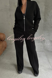 Solid Color Casual Long Sleeve Zipper Jacket and Elastic Waist Pocket Wide Leg Pants Set