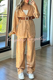 Leopard Print Jacquard Long Sleeved Shirt with Elastic Waist and Pant Two Piece Set