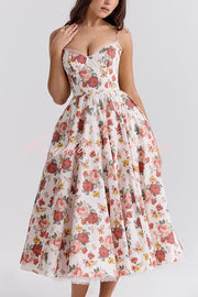 Fairy Tale Gorgeous Italian Rose Print Tulle Slip Midi Dress