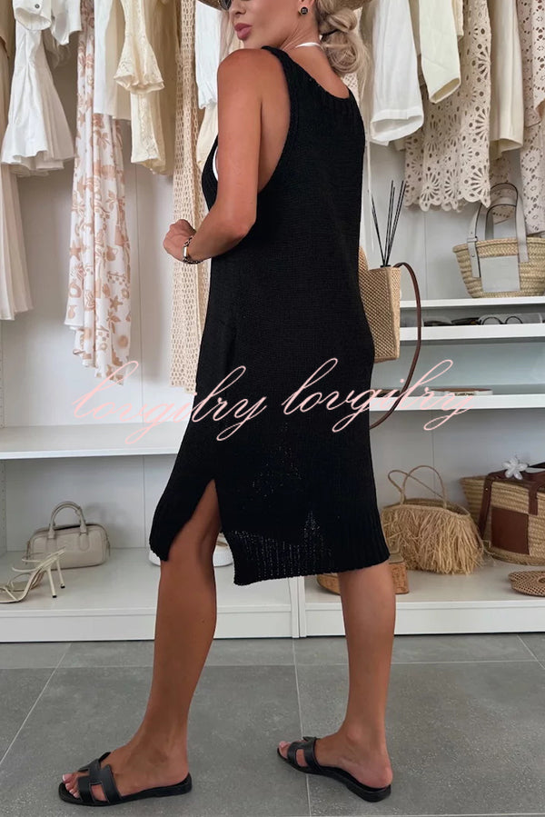 Solid Color V-Neck Sleeveless Casual Pocket Knitted Midi Dress