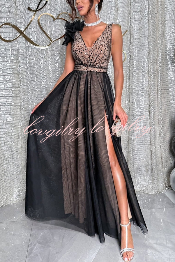 Everlasting Party Sequin Tulle Ruffles Shoulder Design Slit Maxi Dress