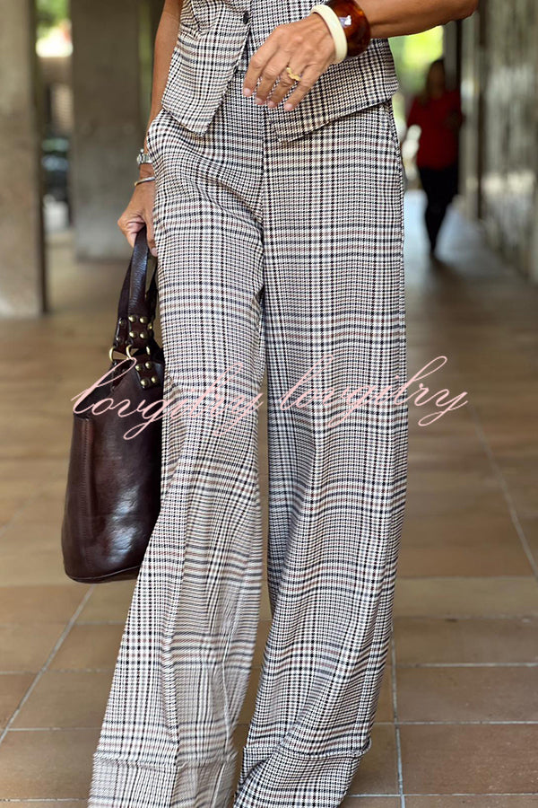 Office Chic Plaid Button Up Vest and Elastic Waist Pocketed Wide Leg Pants Set