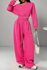 Solid Color Loose Long-sleeved Short Top and Elastic Waist Casual Pocket Wide-leg Pants Set
