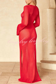 Seaside Goddess Crochet Knit Hollow Out Golden Ring Long Sleeve Cover-up Maxi Dress